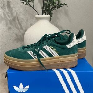 Adidas Gazelle Dark Green and White Platform Sneakers